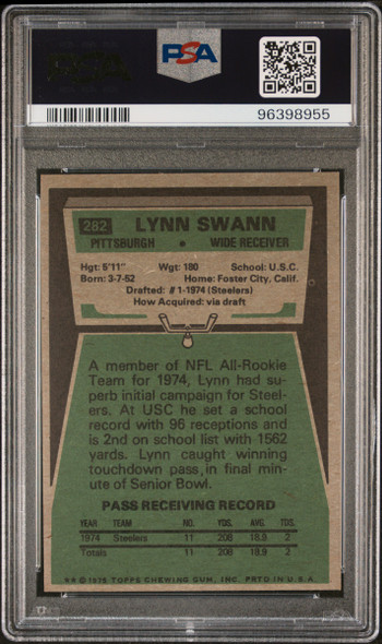 1975 Topps Lynn Swann #282 Pittsburgh Steelers HOF RC PSA 4 back of card