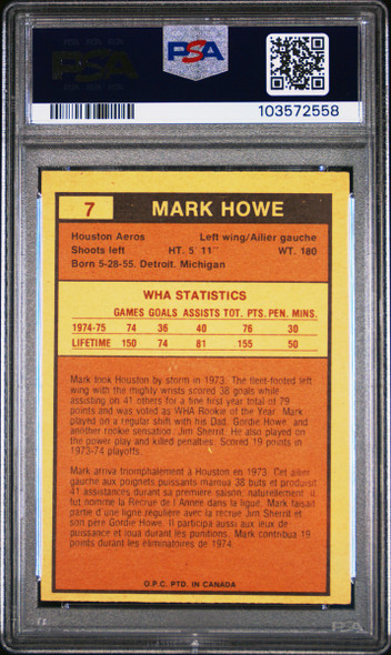 1975-76 O-Pee-Chee Mark Howe #7 Houston Aeros HOF PSA 5 back of card