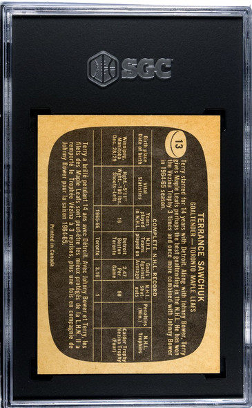 1966-67 Topps Terry Sawchuk #13 Toronto Maple Leafs HOF SGC 7.5 back of card
