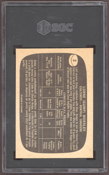 1966-67 Topps Gump Worsley #2 Montreal Canadiens HOF SGC 5.5 back of card