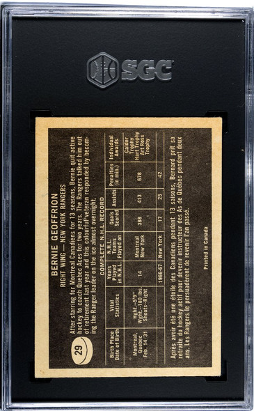 1967-68 Topps Bernie Geoffrion #29 New York Rangers HOF SGC 5 back of card