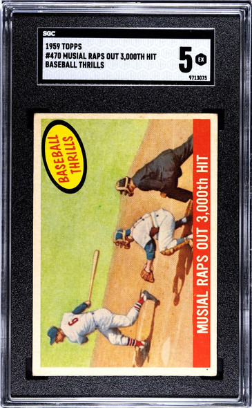 1959 Topps Musial Raps Out 3000th Hit #470 Baseball Thrills St. Louis Cardinals HOF SGC 5 front of card