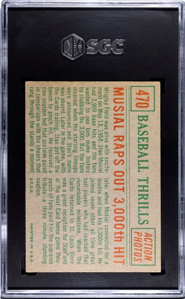 1959 Topps Musial Raps Out 3000th Hit #470 Baseball Thrills St. Louis Cardinals HOF SGC 5 back of card