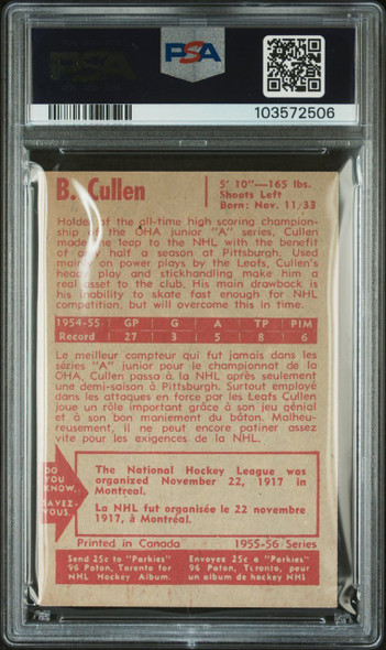 1955-56 Parkhurst Brian Cullen #13 Toronto Maple Leafs RC PSA 4 back of card