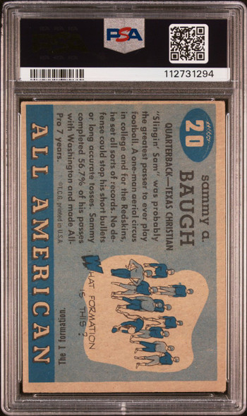 1955 Topps All-American Sammy Baugh #20 Texas Christian University HOF PSA 2 back of card