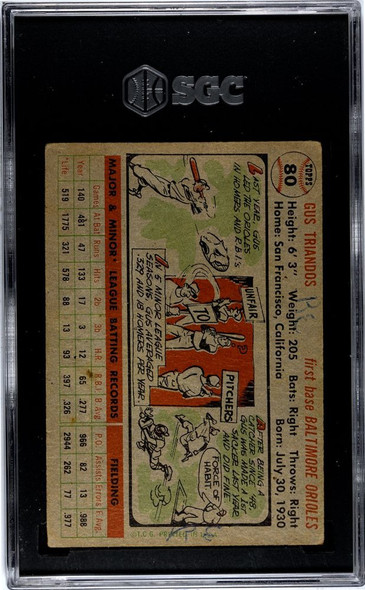 1956 Topps Gus Triandos #80 Gray Back Baltimore Orioles SGC 1 back of card
