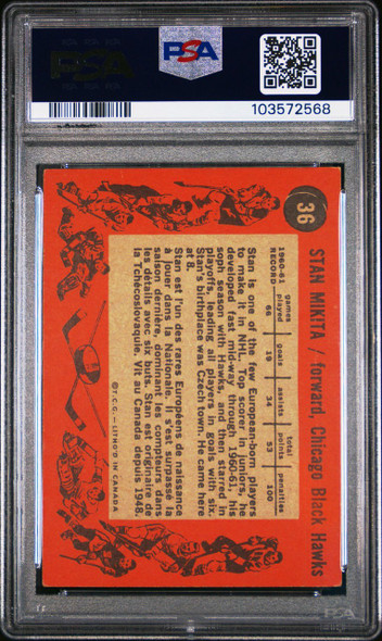 1961-62 Topps Stan Mikita #36 Chicago Black Hawks HOF PSA 4 back of card