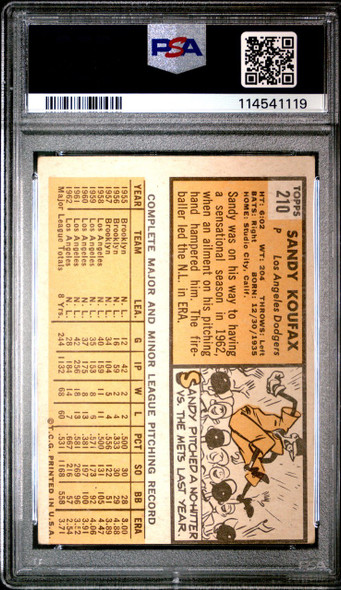 1963 Topps Sandy Koufax #210 Los Angeles Dodgers HOF PSA 3 (Cert 114541119) back of card