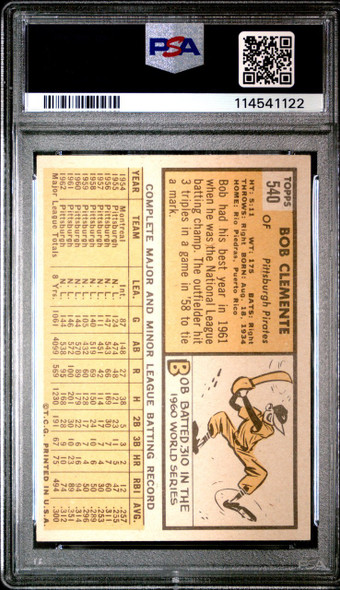 1963 Topps Bob Clemente #540 Pittsburgh Pirates HOF PSA 5 back of card