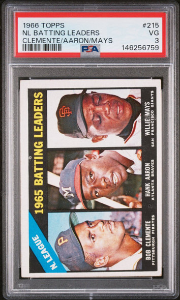 1966 Topps Roberto Clemente, Hank Aaron & Willie Mays #215 Batting Leaders Pittsburgh Pirates / Milwaukee Braves / San Francisco Giants HOF PSA 3 front of card