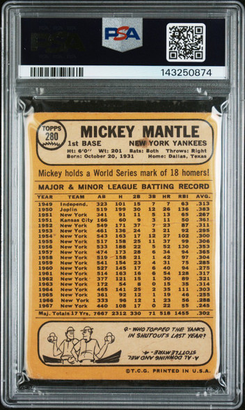 1968 Topps Mickey Mantle #280 New York Yankees HOF PSA 1 back of card