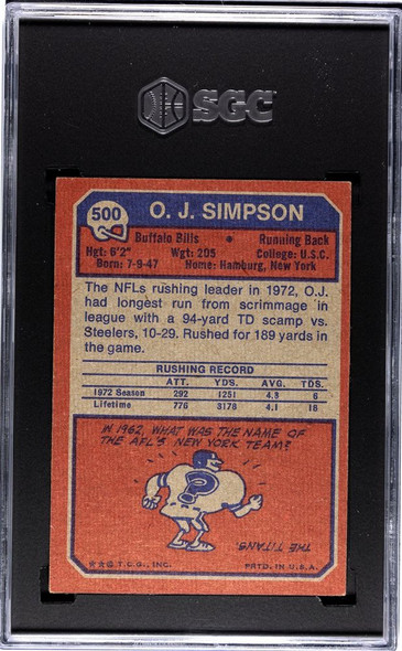 1973 Topps O.J. Simpson #500 Buffalo Bills HOF SGC 6 back of card