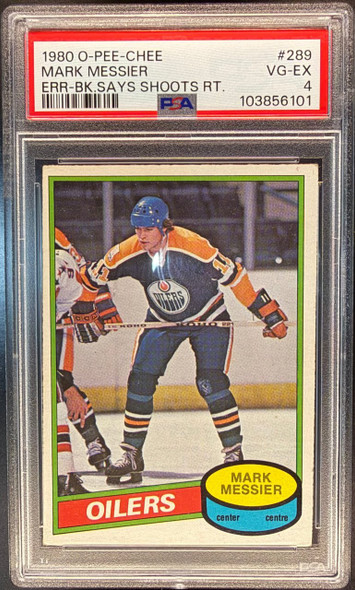 1980-81 O-Pee-Chee Mark Messier #289 ERR-BK. says shoots rt. Edmonton Oilers HOF RC PSA 4 front of card