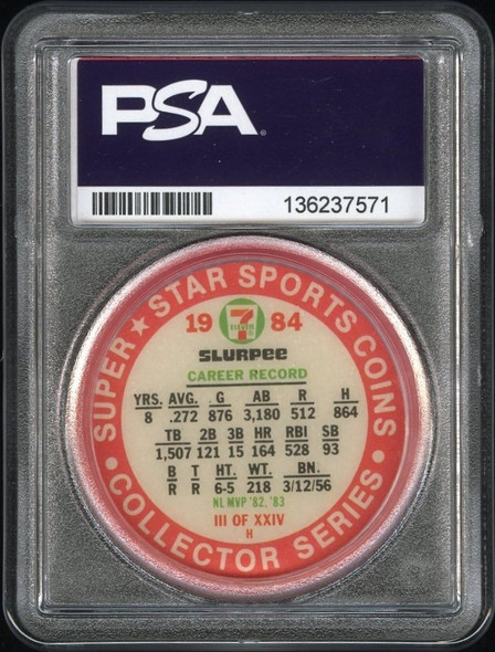 1984 7-11 Slurpee Dale Murphy #III Coin Atlanta Braves In Person Autograph PSA 8 Auto 6 back of card
