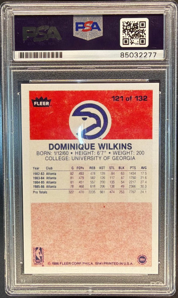 1986 Fleer Dominique Wilkins #121 Reprint Card, PSA/DNA Certified Auto Atlanta Hawks HOF In Person Autograph PSA Authentic Auto back of card