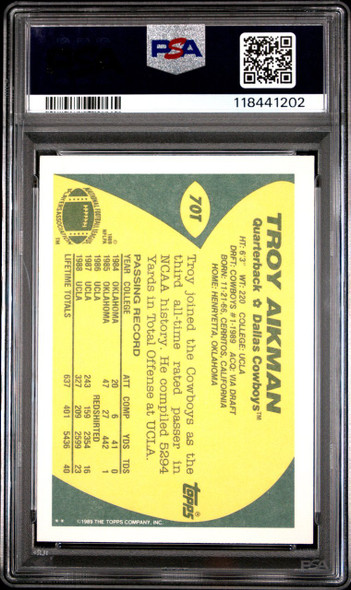 1989 Topps Traded Troy Aikman #70T Dallas Cowboys HOF RC PSA 9 back of card
