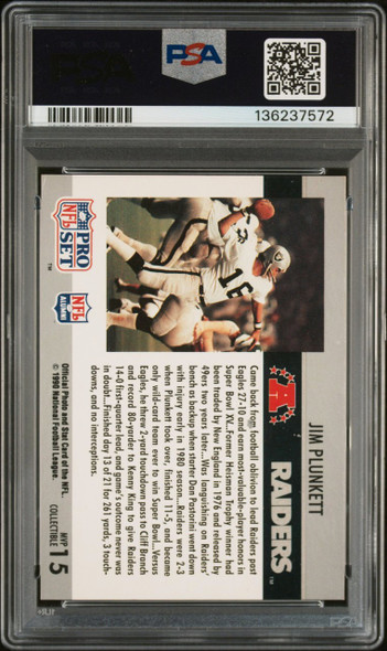 1990 Pro Set Jim Plunkett #15 Super Bowl MVP's Autographed Oakland Raiders In Person Autograph PSA/DNA 5 Auto 8 back of card
