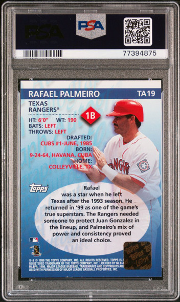 2000 Topps Rafael Palmeiro #TA19 Certified Autograph Issue Texas Rangers On-Card Autograph PSA 8 back of card