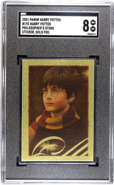 2001 Panini Harry Potter Harry Potter #193 Sticker, Gold Foil SGC 8 front of card