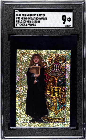 2001 Panini Harry Potter Hermione at Hogwarts #93 Philosopher's Stone Sticker, Sparkle SGC 9 front of card