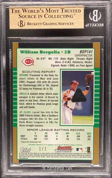 2005 Bowman Chrome William Bergolla #141 Prospects Superfractor Cincinnati Reds BGS 9.5 back of card