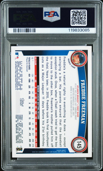 2011 Topps Freddie Freeman #145 PSA/DNA Autograph Atlanta Braves In Person Autograph RC PSA/DNA Authentic Auto back of card