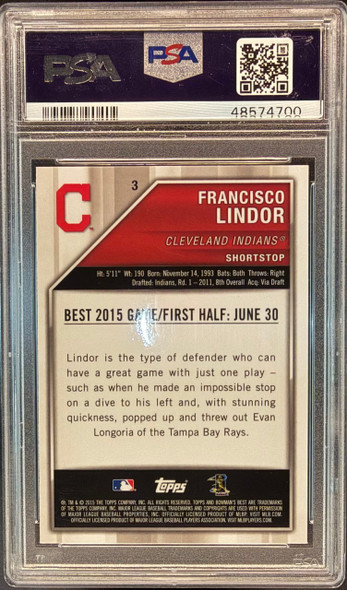 2015 Bowman's Best Francisco Lindor #3 Refractor Cleveland Indians RC PSA 10 back of card