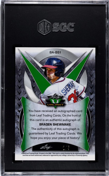 2019 Leaf Valiant Braden Shewmake #BA-BS1 Autographs Black 2/5 Atlanta Braves On-Card Autograph SGC 10 Auto 10 back of card