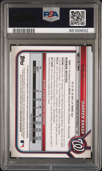 2022 Bowman Chrome Darren Baker #CPA-DB Chrome Prospect Autographs 1st Bowman, Green Refractor 11/99 Washington Nationals On-Card Autograph PSA 10 back of card