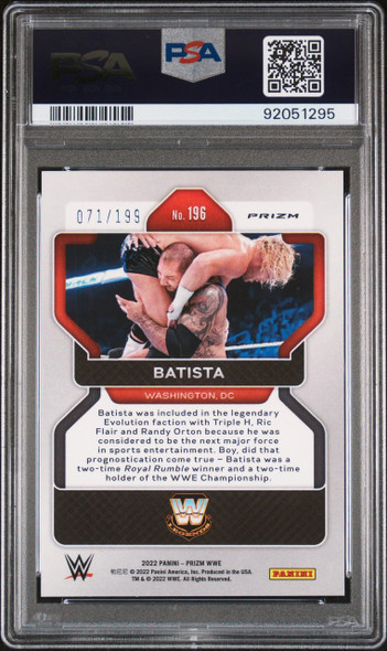 2022 Panini Prizm WWE Batista #196 Premium Box Set Prizm HOF PSA 10 back of card