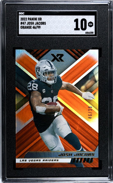 2022 Panini XR Josh Jacobs #47 Orange 46/99 Las Vegas Raiders SGC 10 front of card