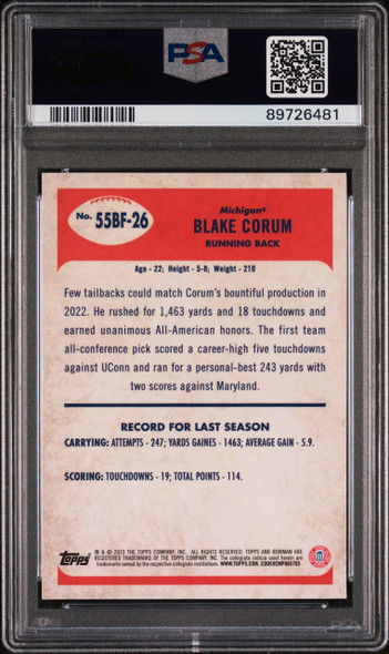 2023 Bowman U Chrome Blake Corum #55BF-26 1955 Bowman Michigan Wolverines PSA 10 back of card