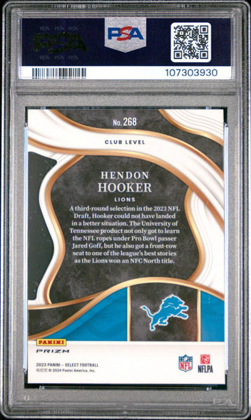 2023 Panini Select Hendon Hooker #268 Club Level Die-Cut Zebra Prizm Detroit Lions RC PSA 9 back of card