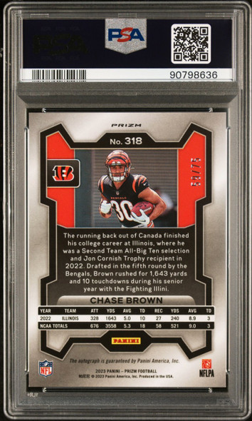 2023 Panini Select Chase Brown #318 Autograph Green Scope /75 Cincinnati Bengals Sticker Autograph RC PSA 10 back of card