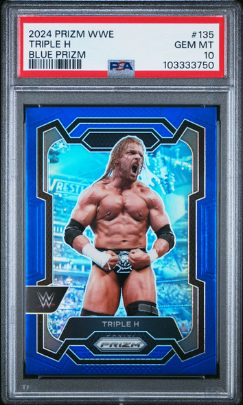 2024 Panini Prizm WWE Triple H #135 Blue Prizm /199 HOF PSA 10 front of card