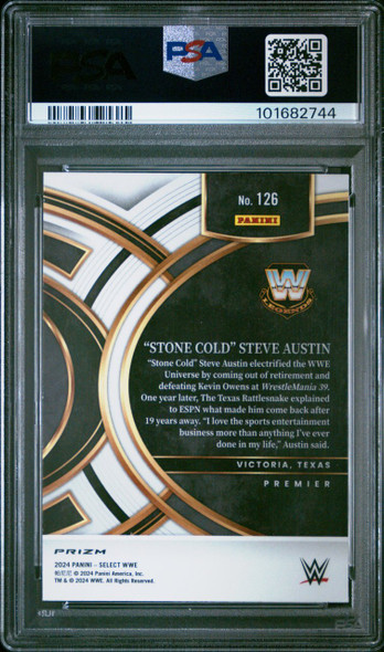 2024 Panini Select WWE Stone Cold Steve Austin #126 Premier Tri-Color Prizm HOF PSA 10 back of card