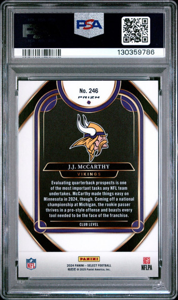2024 Panini Select J.J. McCarthy #246 Club Level Black & Gold Shock Minnesota Vikings RC PSA 10 back of card
