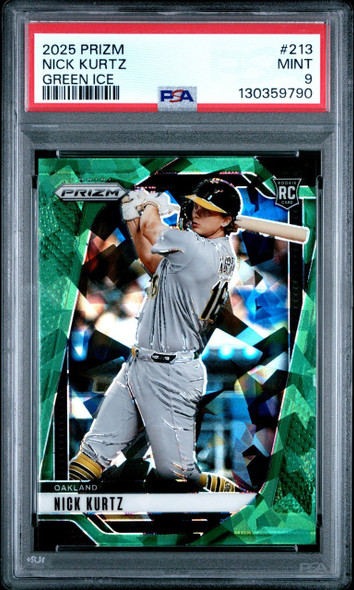 2025 Panini Prizm Nick Kurtz #213 Green Ice Oakland Athletics RC PSA 9 front of card