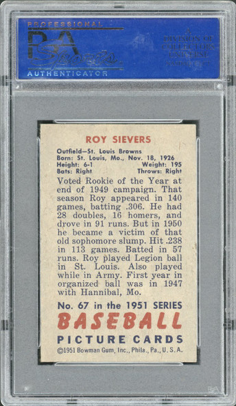 1951 Bowman Roy Sievers #67 St. Louis Browns PSA 7 back of card