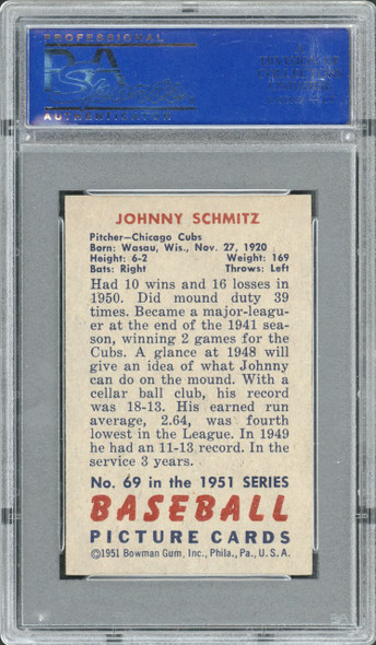 1951 Bowman Johnny Schmitz #69 Chicago Cubs PSA 7 back of card