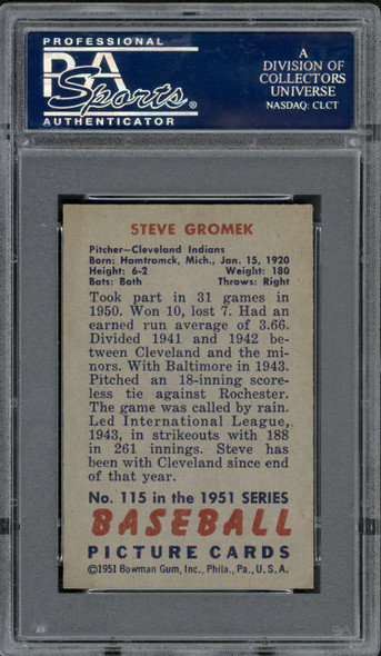 1951 Bowman Steve Gromek #115 Cleveland Indians PSA 7 back of card