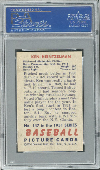 1951 Bowman Ken Heintzelman #147 Philadelphia Phillies PSA 7 back of card