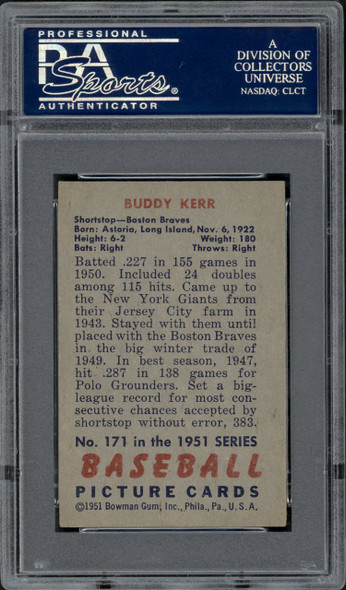 1951 Bowman Buddy Kerr #171 Boston Braves PSA 7 back of card