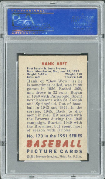 1951 Bowman Hank Arft #173 St. Louis Browns PSA 7 back of card