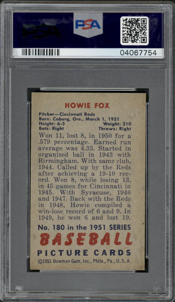1951 Bowman Howie Fox #180 Cincinnati Reds PSA 8 back of card