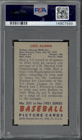 1951 Bowman Luis Aloma #231 Chicago White Sox RC PSA 7 back of card
