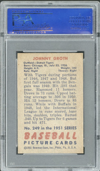 1951 Bowman Johnny Groth #249 Detroit Tigers PSA 7 back of card