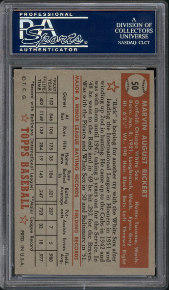 1952 Topps Marv Rickert #50 Chicago White Sox RC Red Back PSA 4 back of card