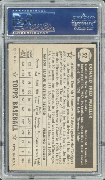 1952 Topps Don Mueller #52 New York Giants Black Back PSA 4 back of card