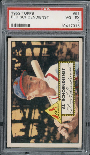1952 Topps Red Schoendienst #91 St. Louis Cardinals PSA 4 front of card